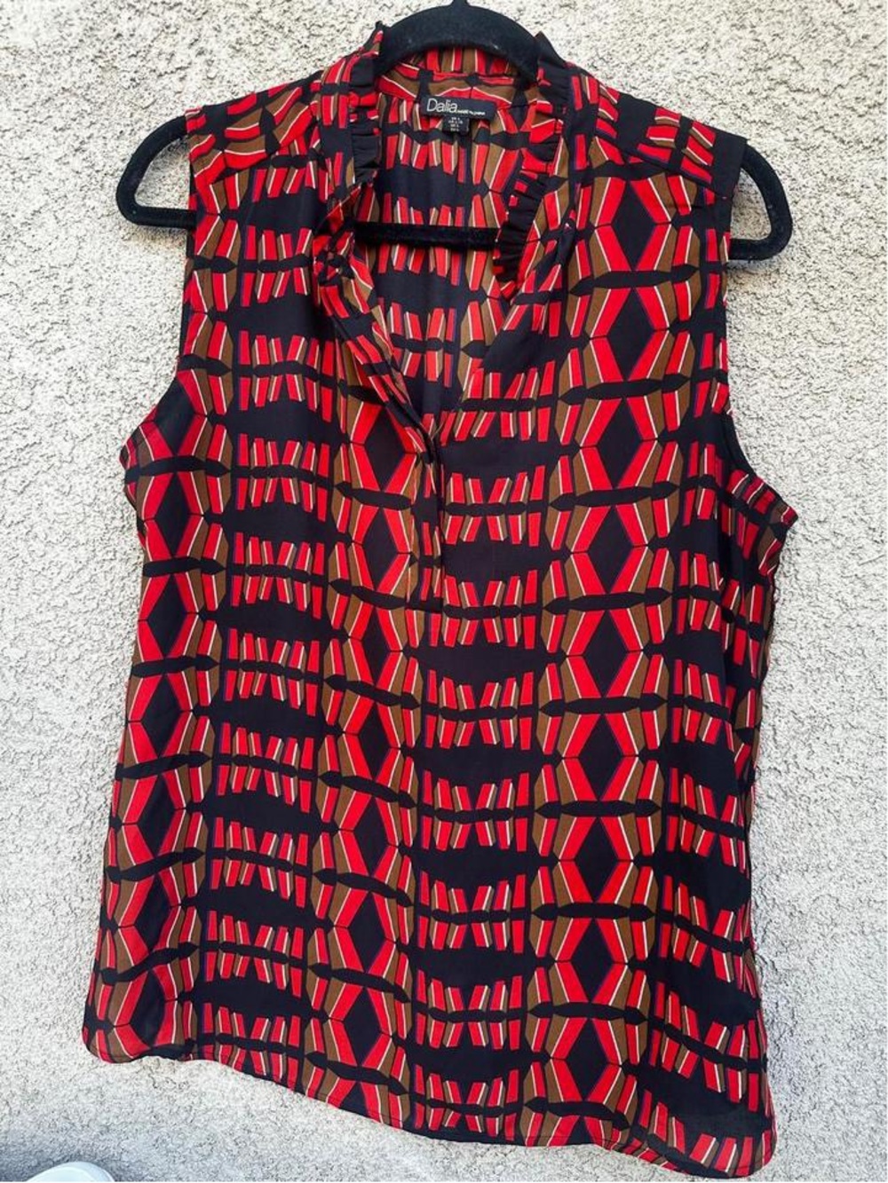 Dalia Red, Black & Brown Sleeveless Geometric V-Neck Blouse
